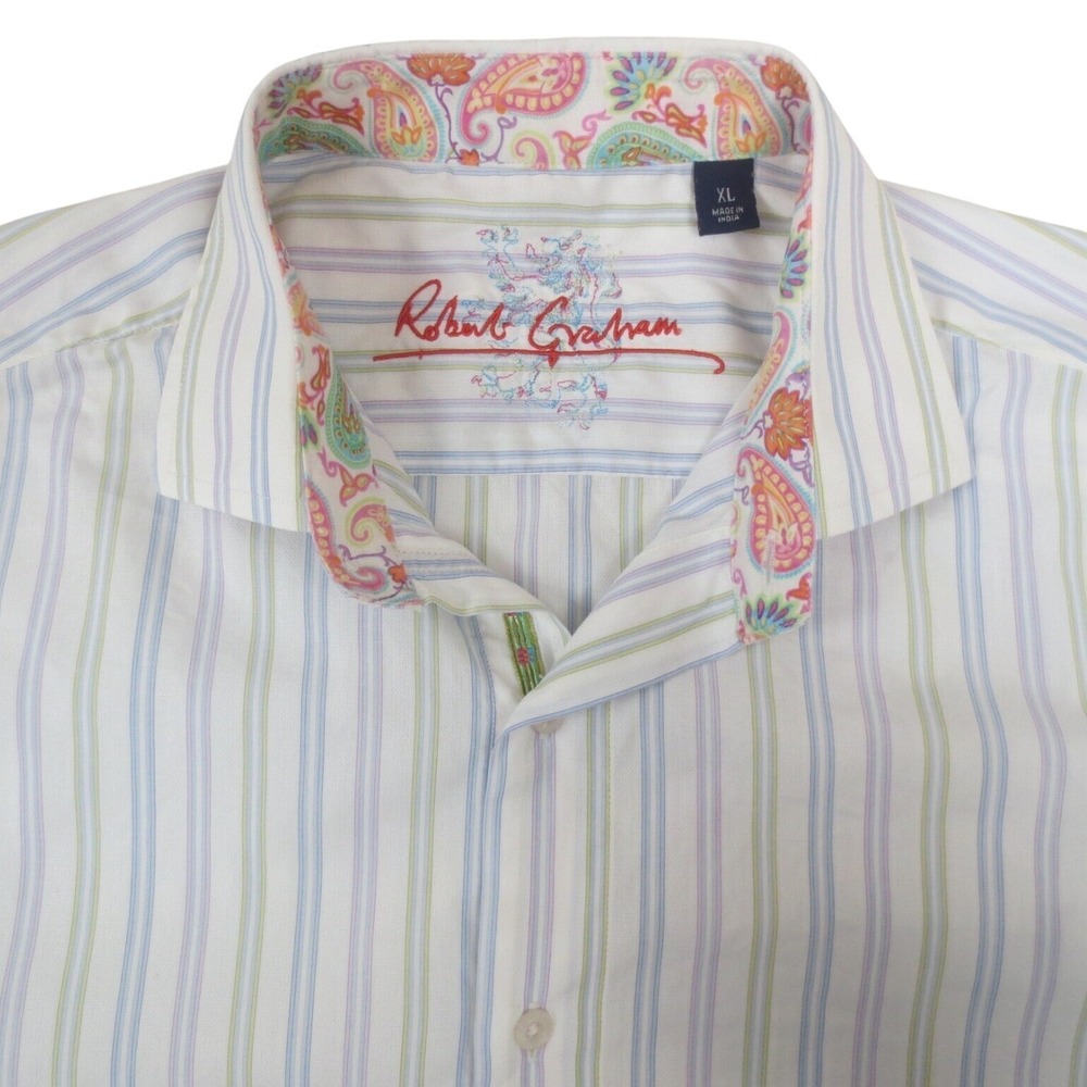 Robert Graham Shirt Men XL White Stripe Long Sleeve Flip Cuff Button Embroidered